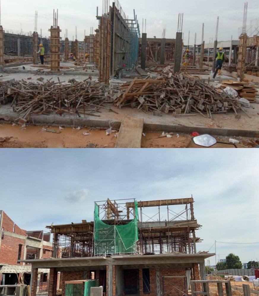 RC column formwork and scaffolding on a residential building construction site